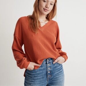 Madewell Burnt Orange V-Neck Waffle Knit Sweater - XL